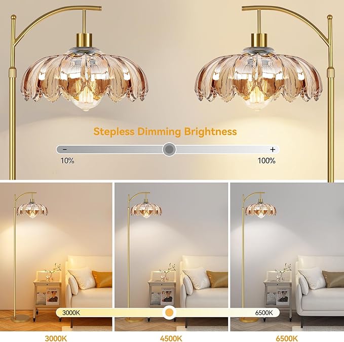 Gold Floor Lamp for Living Room,Bedroom,Mid Century Modern Standing Lamp with Remote,Dimmable Brass Tall Lamp Amber Glass Vintage Retro Arc Floor Lamps Flower Floor Light Boho Bohemian