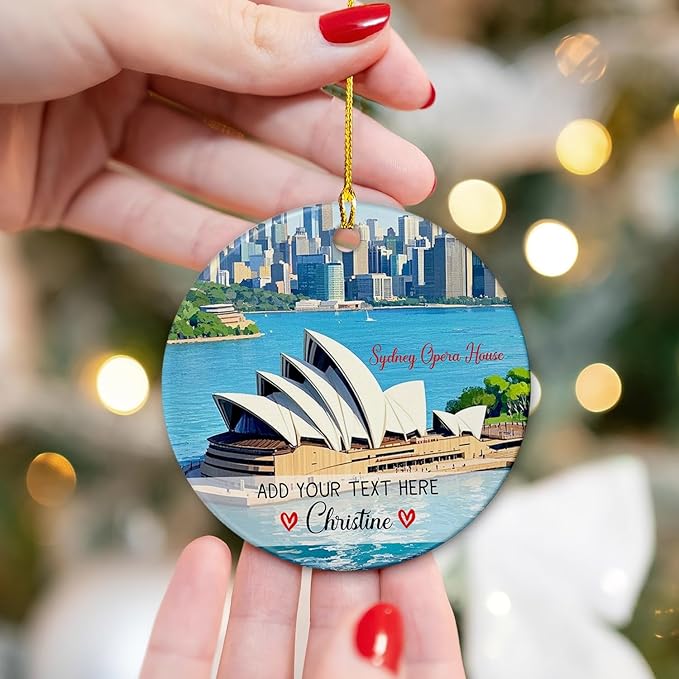 Customized Sydney Opera House Ceramic Christmas Tree Ornament 2025, Personalized Text/Name Australia Travel Souvenir Ornaments, City of Australia Sydney Vacation Trip Xmas Ornament for Travel Lovers