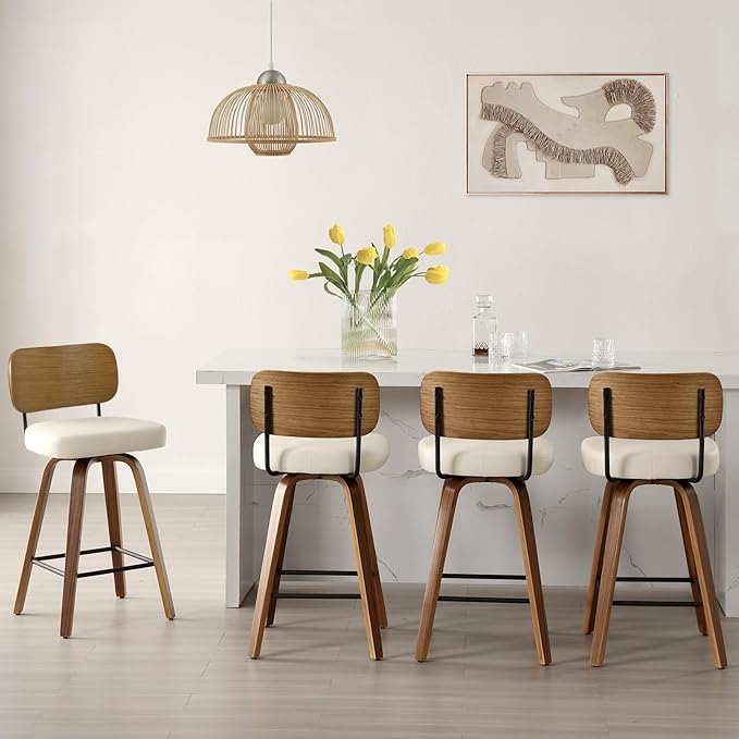 Swivel Counter Height Bar Stools Set of 4, Mid-Century Modern Upholstered Faux Leather Barstools with Wood Back, 26" Seat Height Bar Stools for Kitchen Island, Cream Seat and Walnut Frame