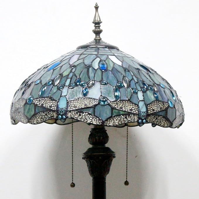 WERFACTORY Tiffany Floor Lamp Sea Blue Stained Glass Dragonfly Standing Reading Light 16X16X64 Inches Antique Pole Corner Lamp Decor Bedroom Living Room Home Office S147 Series