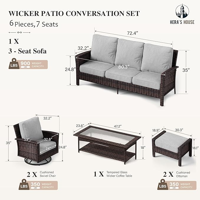 HERA'S HOUSE Gray Patio Furniture Set, Outdoor Sectional Seating Furniture, 35" High Back Swivel Wicker Chairs with 5.5" Thick Cushions, 6-Piece Patio Conversation Sofa Sets for Deck Lawn Backyard