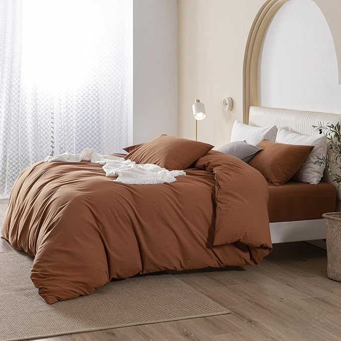 JIYUAN 100% Washed Cotton Duvet Cover Set 3 Pieces Full, 1 Duvet Cover 80x90 Inches(Comforter Not Included) and 2 Pillowcases,Linen Feel Bedding Set Comfy and Breathable,Burnt Orange