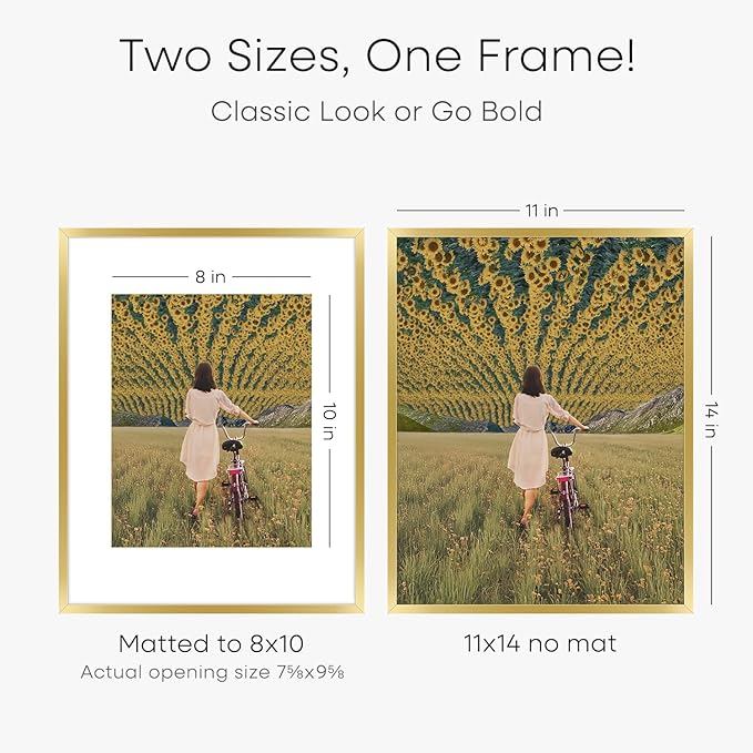 Homeforia 11x14 Picture Frame Gold, High End Metal 11x14 Poster Frames with Mat for 8x10, 11 x 14 Gold Frame Matted to 8 x 10 inch Photo, 11by14 Thin Hanging Frames, Tempered Glass, Wall Kit, Set of 4