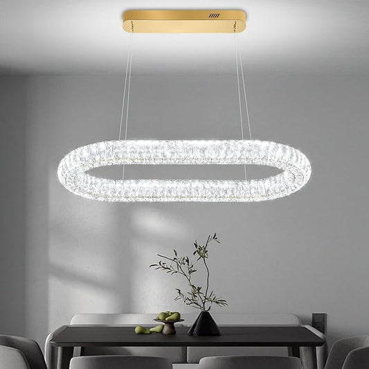 Oval Crystal Chandelier, 31.5'' Gold Crystal Ring Pendant Light for Kitchen Island Modern Linear Oval Chandeliers for Dining Room Dimmable 3000K-6000K