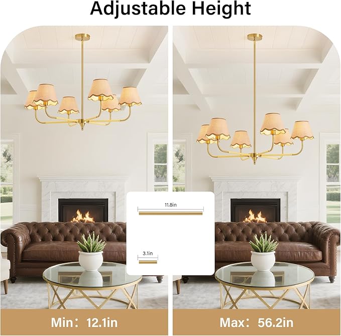 6-Light Boho Rattan Chandelier for Dining Room,Farmhouse Chandeliers Light Fixture,Adjustable Height Hanging Pendant Lighting Fixtures for Kitchen Island,Hand-Woven Ceiling Lights