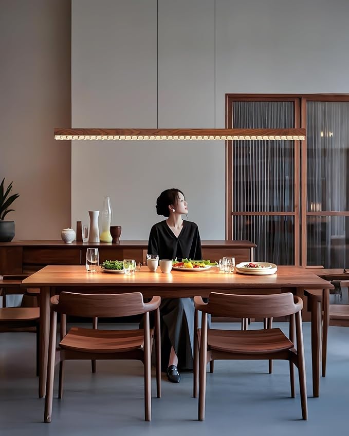 47" Wood Linear Pendant Light, Dimmable Kitchen Island Lighting with Remote, 30W LED Island Lights for Kitchen, Adjustable Linear Chandelier for Dinning Room Light Fixture,Pool Table Light - Walnut