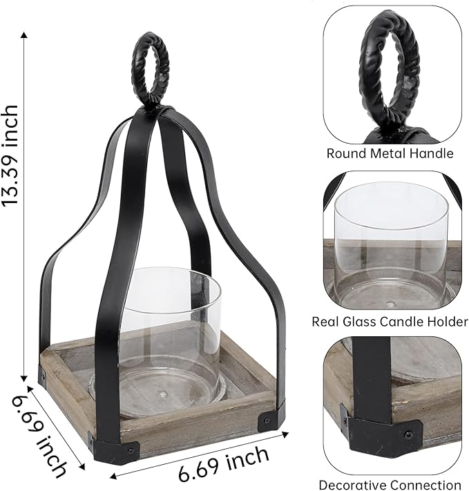 SwallowLiving 13" Rustic Farmhouse Wood and Metal Candle Candlestick Lantern Patio, Table Centerpiece