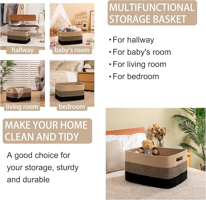 OIAHOMY Large Blanket Basket, 22”x17”x12” Rectangle Woven Baskets, Nursery Blanket Storage Living Room, Toy Storage With Handle, Large Baskets for Organizing-Yellow Black