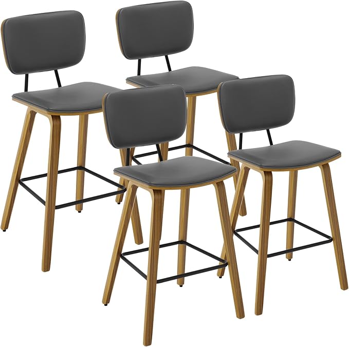Counter Height Bar Stools Set of 4, PU Leather Upholstered Barstools with Backs, Bent Wood Legs, 26 Inch Seat Height, Mid Century Modern Counter Stools for Kitchen Island, Grey