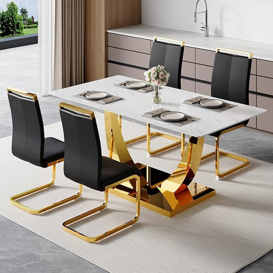 63” Dining Room Table Set for 4,Modern Gold Dining Table Set for 4, Rectangle Kitchen Table Set with Leather Chairs, White Faux Marble Dinner Table Set with Tempered Glass Top and Golden Base