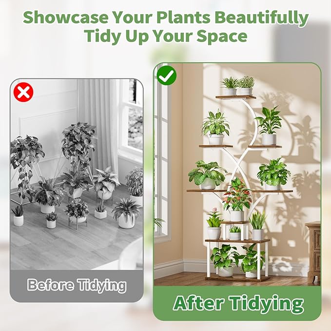 Plant Stand Indoor with Grow Lights - 62" Tall Plant Shelf Indoor, Lighted Corner Plant Stands for Indoor Plants, 8 Tiered Flower Spike-Shaped Rack for Living Room, Patio, Balcony Decor（White)