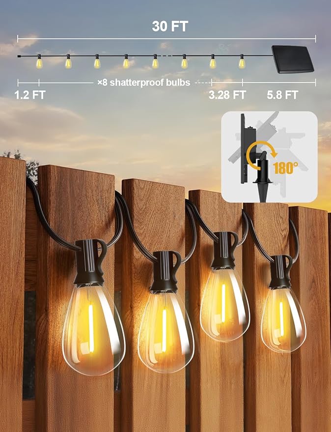 Tenmiro 30FT Solar String Lights Outdoor with Remote and 8+1 LED Shatterproof Bulbs Dimmable & Timing 3 Light Modes Solar Patio String Lights for Cafe, Garden, Deck, Outside Wedding Last for 10+Hrs