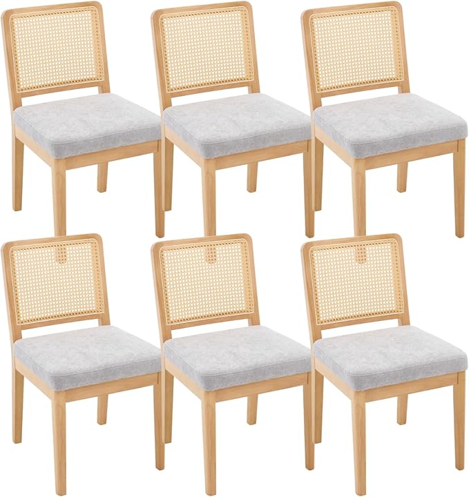 LukeAlon Farmhouse Rattan Dining Chairs Set of 6, Mid Century Modern Chenille Kitchen & Dining Chairs with Solid Wood Legs, Woven Cane Upholstered Kitchen Chairs Side Chairs for Dining Room, Grey