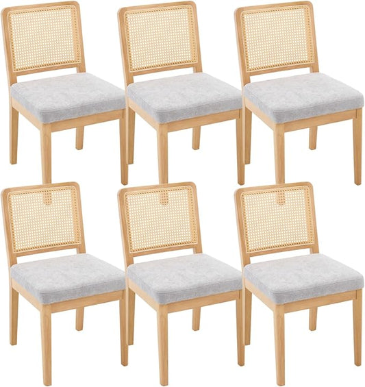 LukeAlon Farmhouse Rattan Dining Chairs Set of 6, Mid Century Modern Chenille Kitchen & Dining Chairs with Solid Wood Legs, Woven Cane Upholstered Kitchen Chairs Side Chairs for Dining Room, Grey