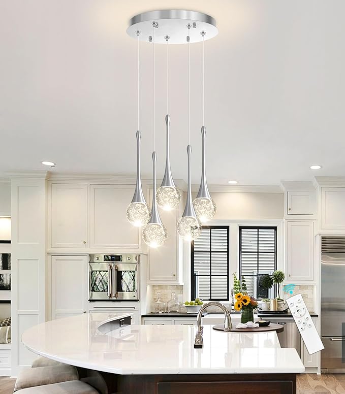 cenzoz 5-Lights Modern Pendant Lights for Kitchen Island LED Dimmable Chandelier Crystal Glam Ceiling Pendant Lighting for Dining Room Hallway Bedroom Lamp Brushed Nickel
