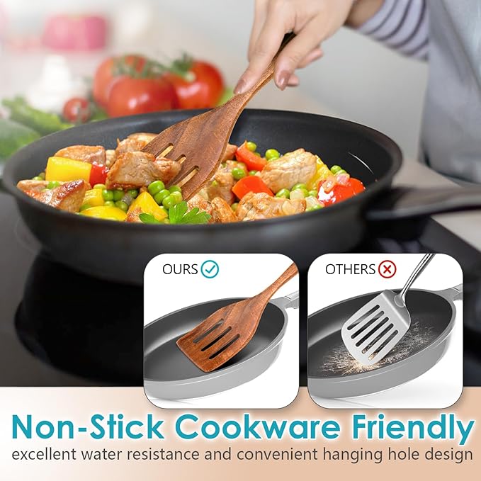 Wooden Cooking Utensils Set for Kitchen – 11-Piece Acacia Wood Spoons and Spatulas with Holder and Spoon Rest, Durable Wooden Spoons for Cooking, Nonstick Cookware Safe by Howhong