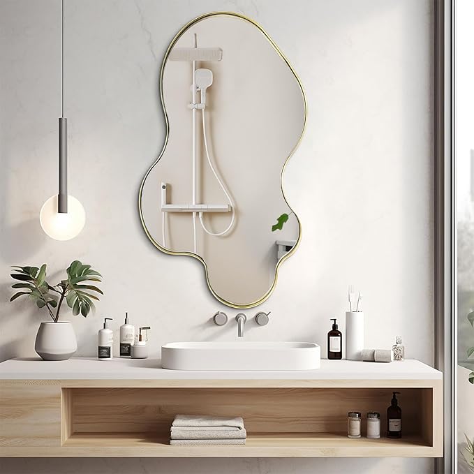 Gold Scalloped Mirror, Irregular Shaped Mirror, 30"x18" Asymmetrical Wall Mirrors Decorative, Wavy Oval Mirrors for Living Room Bathroom Bedroom Hallway Entryway Fireplace