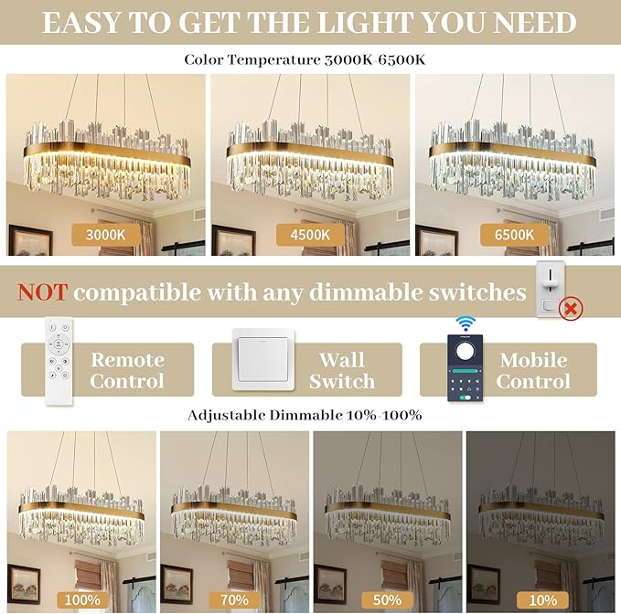 39.3" Dimmable Rectangle LED Crystal Chandeliers,Gold Chandelier Light, 3 Colors Contemporary Pendant Ceiling Light for Dining Room Living Room Kitchen Island Entryway Foyer,with Remote Control