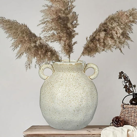 Rustic Ceramic Farmhouse Flower Vase with 2 Handles, Large Vases for Home Decors, Living Room, Bookshelf, Office, Grand Millennial Decor 8.2 Inch