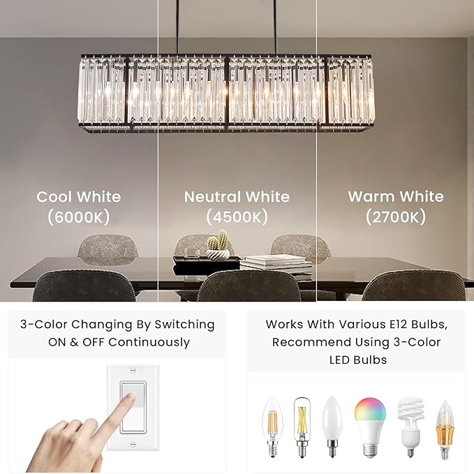 Siljoy Modern Rectangular Crystal Chandelier, 5 Lights Black Rectangle Raindrop Chandelier Lighting, Industrial Linear Pendant Ceiling Light Fixture for Dining Living Room Kitchen Island L33.5''