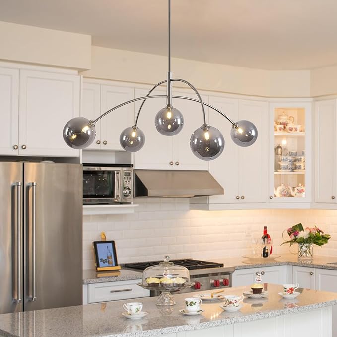 Modern Silver Chandelier 5 Light Smoke Gray Semi Flush Mount Chandelier Vintage Industrial Ceiling Light for Dining Room Kitchen Bedroom Hallway