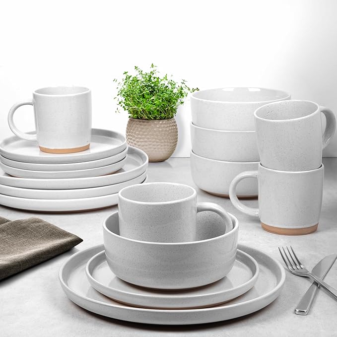 Zulay Kitchen Terra Stoneware Dinnerware Set, Artisanal Ceramic Plates and Bowls Set Crafted at 2300℉ - Service for 4, Speckled White