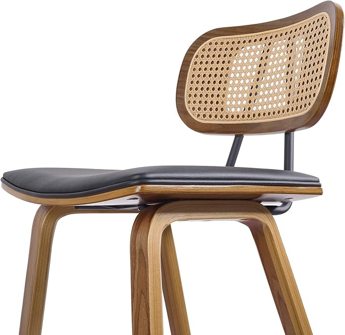 Counter Height Bar Stools Set of 2, Mid Century Modern Counter Stools, 26" Wood Kitchen Stool PU Leather Upholstered Barstool with Rattan Back, Counter Height Island Dining Bar Chair, Black