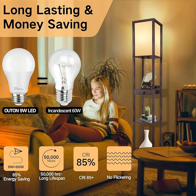 OUTON Deluxe Shelf Floor Lamp with 1 Drawer, 2 USB-C Ports, 2 AC Outlets, LED Modern Floor Lamp with 3 Color Temperature, Storage Display Wood Standing Lamp for Living Room, Bedroom, Office (Walnut)