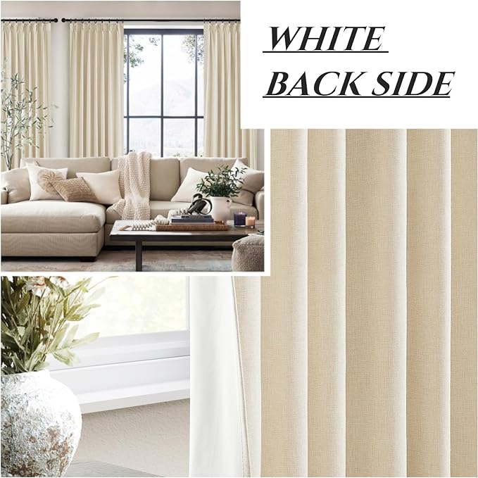 Light Beige 100% Blackout Curtains for Office at Home/Playroom/Classroom, Noise Cancelling Thermal Curtains 90 Inch Length 2 Panels Set Neutral Modern Window Faux Linen Pinch Pleated Drapes(40x90)