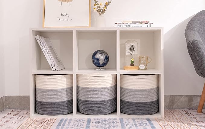 voten Woven Cotton Rope Round 11x11x11'' Storage Cubes Baskets Bins Organizer, 3-Tone Gray, 3-Pack