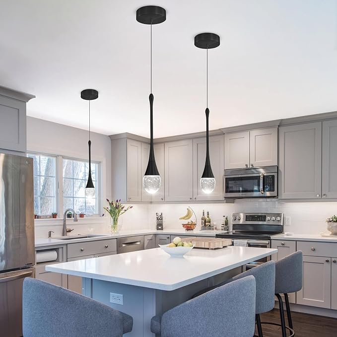 Modern Pendant Lights for Kitchen lsland LED Dimmable Raindrop Chandelier Crystal Ceiling Pendant Lighting for Dining Room Hallway Bar Living Room (3 Pack)