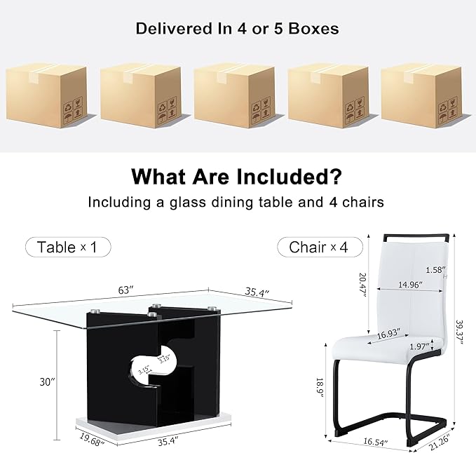 Glass Dining Table Set of 4, 63" Dinner Room Glass Table Set for 4, Modern Kitchen Dinner Table Set with 4 Upholstered Faux Leather Dining Chairs for Living Dining Office Room