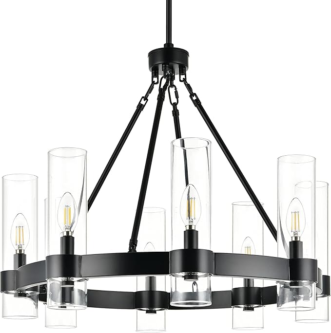 Linea di Liara Teramo Matte Black Chandelier Dining Room Light Fixture Small Wagon Wheel Chandelier Round Industrial Modern Farmhouse Chandeliers for Dining Room Foyer, Clear Glass, UL Listed
