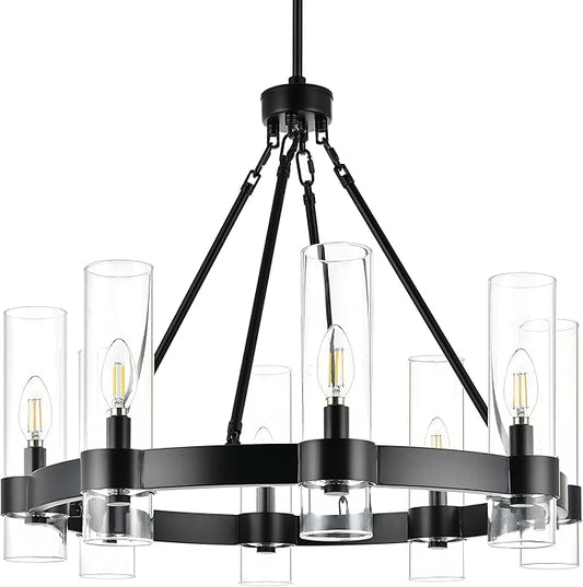 Linea di Liara Teramo Matte Black Chandelier Dining Room Light Fixture Small Wagon Wheel Chandelier Round Industrial Modern Farmhouse Chandeliers for Dining Room Foyer, Clear Glass, UL Listed