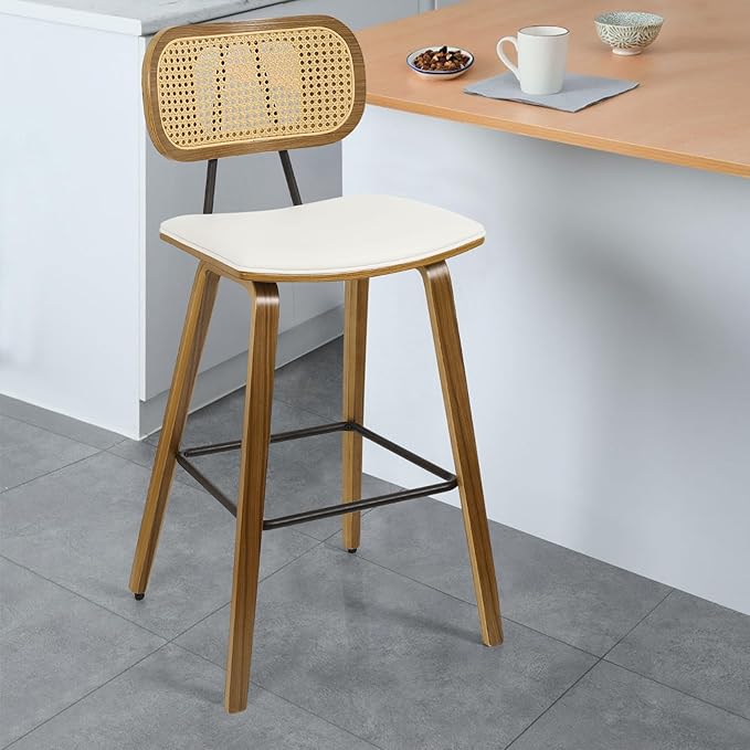 26" Counter Height Bar Stools Mid Century Modern Counter Stools, Wood Counter Stool with PU Leather Upholstered Bar Chair with Rattan Back, Counter Height Stools for Kitchen Island, Cream White