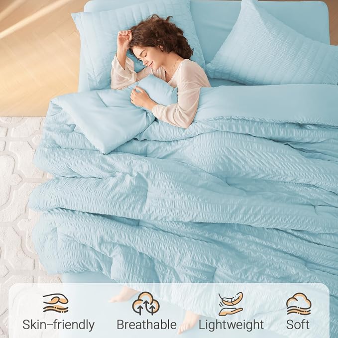 MUXHOMO 7 Pieces Full Comforter Set, Seersucker Bed in a Bag Full Size, All Season Luxury Bedding Set with Comforter, Flat Sheet, Fitted Sheet, Pillowcases & Shams, Lake Blue