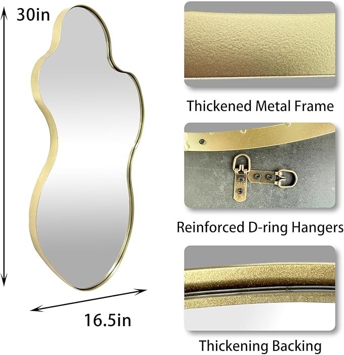Gold Scalloped Mirror, Irregular Shaped Mirror, 30"x18" Asymmetrical Wall Mirrors Decorative, Wavy Oval Mirrors for Living Room Bathroom Bedroom Hallway Entryway Fireplace