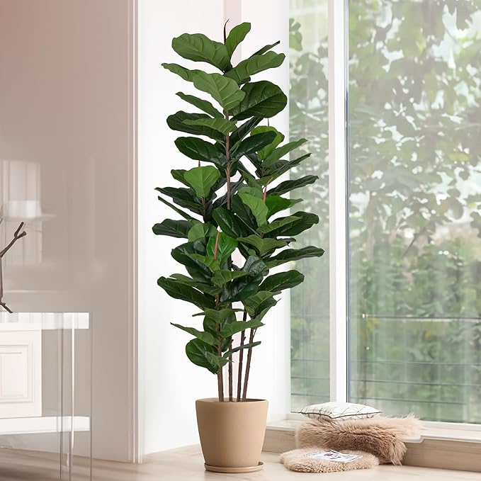 Faux Fiddle Leaf Fig Tree 6 FT - Artificial Ficus Tree with Tall Artificial Plants Large 69 Fiddle Leaves - Lifelike Fake Trees for Home Decor Living Room Indoor Outdoor