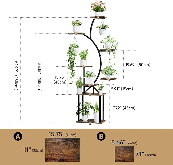 Plant Stand Indoor with Grow Lights, 8 Tiered Corner Plant Shelf, 63" Tall Plant Hanger Indoor for Multiple Plants, Metal Plant Flower Holder, Plant Rack for Display, Patio, Home Decor