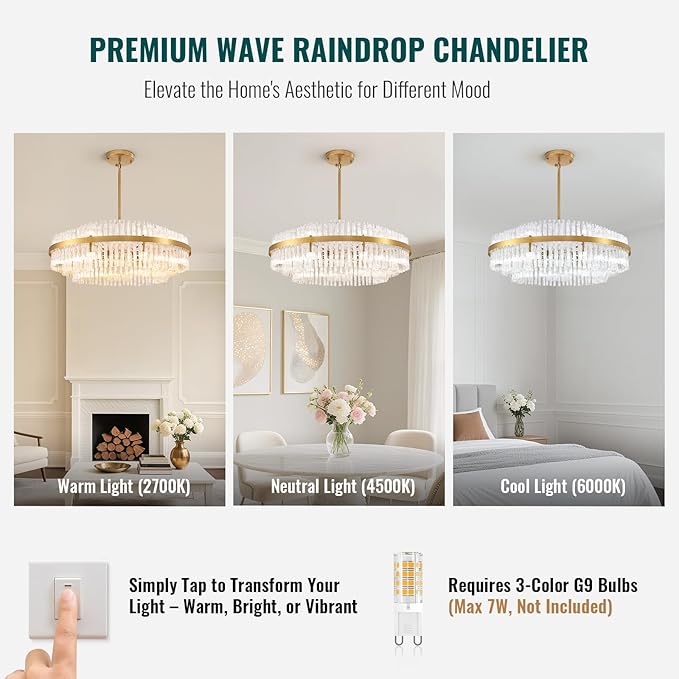 Siljoy Modern Crystal Chandelier, 39.4'' Luxury Gold Round 3-Tiers Raindrop Chandelier, Large Farmhouse Crystal Pendant Ceiling Light Fixture for Dining Living Room Kitchen Island Foyer, G9 x 24