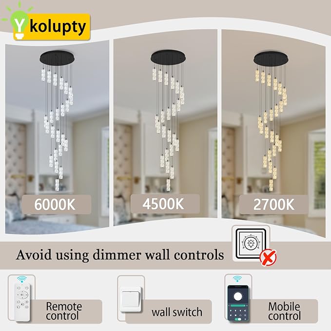 Modern Crystal Chandelier 24-Lights Black Chandelier Lighting Fixture High Ceiling Chandelier Suitable for Living Room Staircase Villa