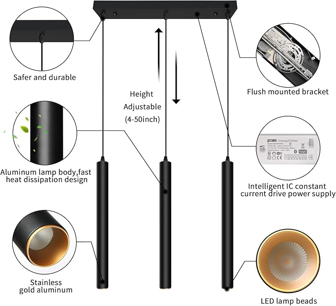 OKELI Modern Smart 3-Light Pendant Light Fixtures Square Pendant Lights Kitchen Island LED Minimalist Pendant Lighting Fixture for Kitchen,Dinning Room,Bedroom,Hallway,Bar