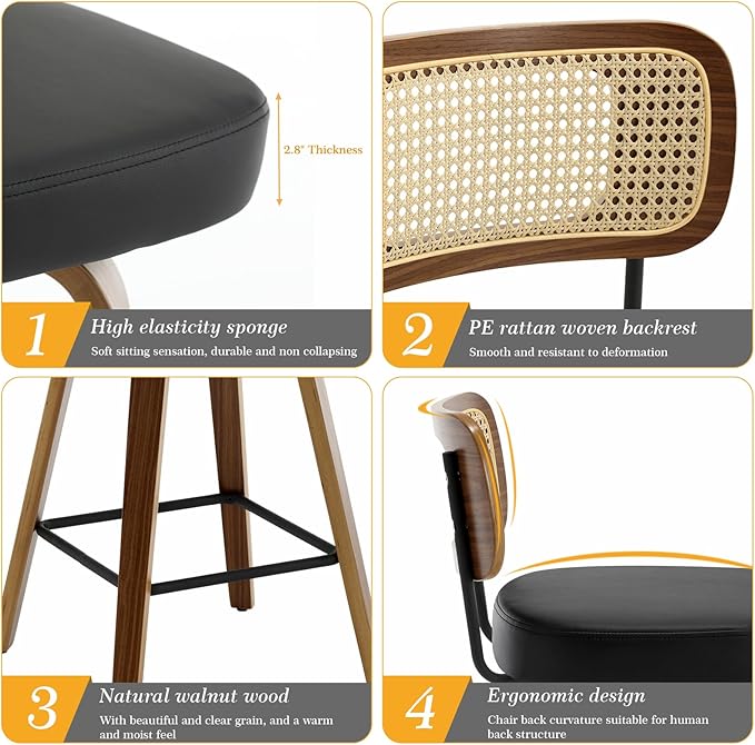 Swivel Counter Height Bar Stools Set of 4, Upholstered Faux Leather Barstools with Rattan Back, 26" Seat Height Bar Chairs for Kitchen Island, Bentwood Wood Frame, Black