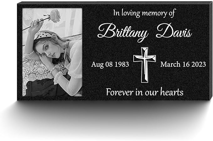 Personalized Headstone with Photo, Memorial Stone, Headstones for Graves, Grave Markers, Black Granite Garden Stone, Memorial Plaques for Outdoor, Grave Decoration for Cemetery (Picture left)