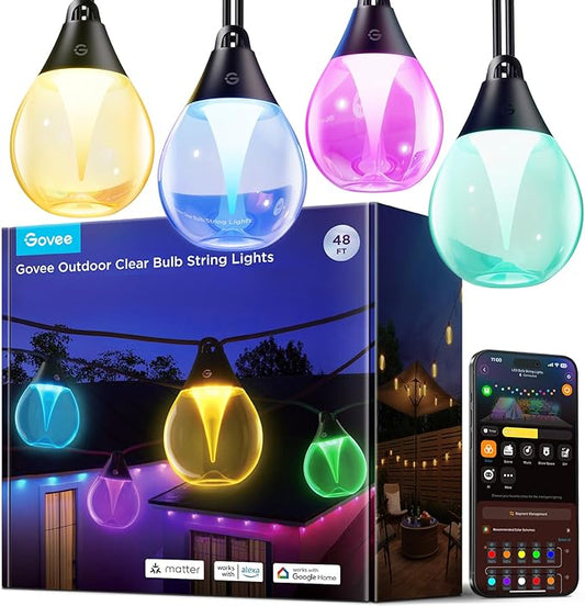 Govee Outdoor Clear Bulb String Lights, 48ft RGBWIC Outdoor Lights with 15 Dimmable Warm White LED Bulbs, 111 Scene Modes for Patio, Backyard, IP67 Waterproof, Works with Alexa, Google & Matter