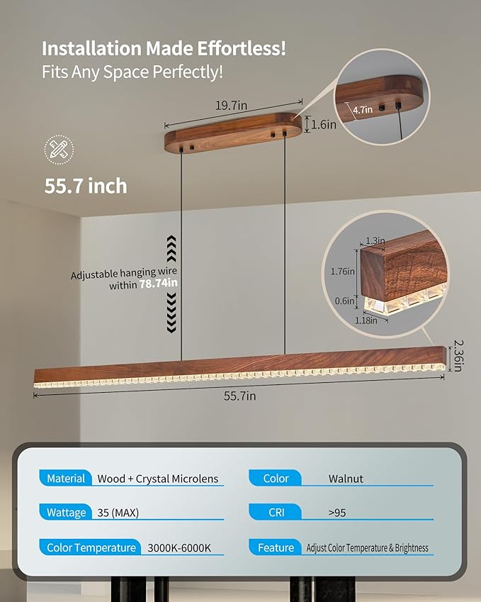 59" Wood Linear Pendant Light, Dimmable Kitchen Island Lighting with Remote, 30W LED Island Lights for Kitchen, Adjustable Linear Chandelier for Dinning Room Light Fixture, Bar, Pool Table - Walnut