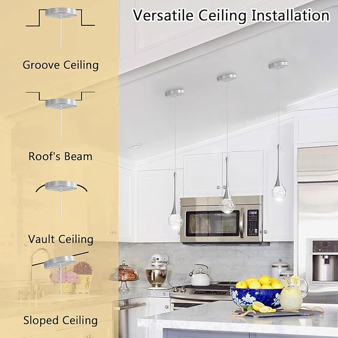 Modern Pendant Lights for Kitchen Island LED Dimmable Crystal Glam Ceiling Pendant Lighting for Dining Room Hallway Bedroom Corner Lamp Brushed Nickel