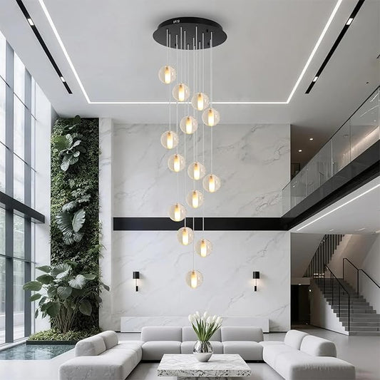 14 Lights Black Staircase Chandelier for High Ceiling, Dimmable Modern Crystal Raindrop Large Long Hanging Pendant Light for Stairwell Living Room Stair Foyer, Bulbs Included