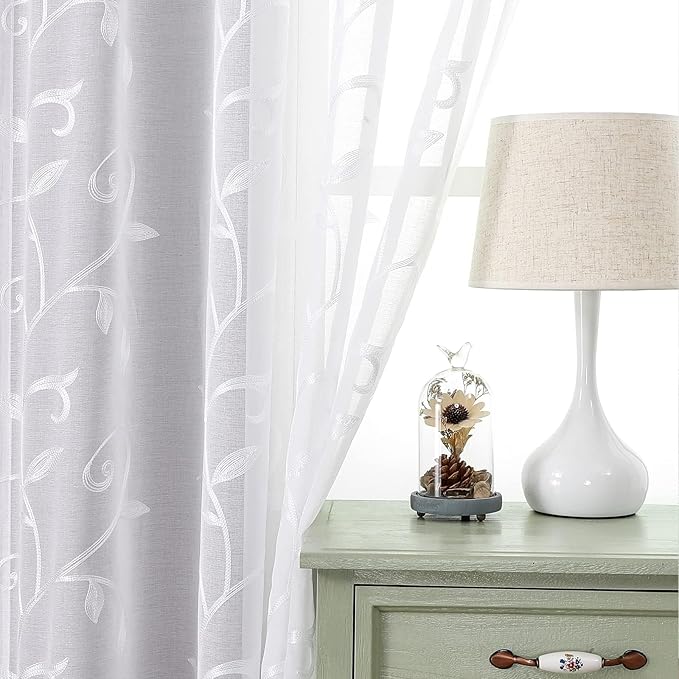 VISIONTEX Sheer Curtains 120 inch Length 2 Panels Set, White Voile Crushed Vine Leaves Embroidery, Rod Pocket Embroidered Window Drapes for Living Room and Bedroom, 54" x 120"