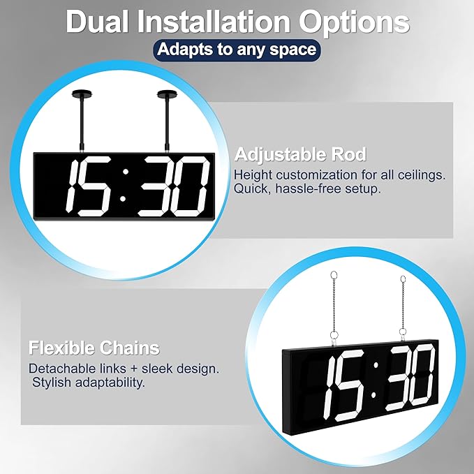 Large Double Sided Digital Wall Clock 19" with Remote Control,Suspended Design for Hospitals, Factories, Airports.